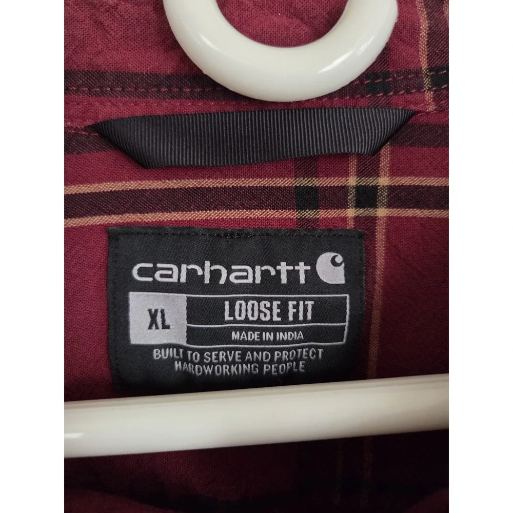 Carhartt Loose Fit Plaid‎ Button Down Shirt Mens Xl Wine Dark Burgundy Layer